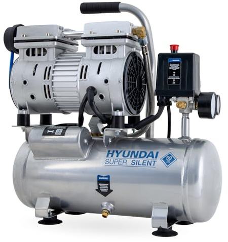HYUNDAI Silent Kompressor SAC55751 | 6L Kessel, 8bar, ölfrei | 0.55kW / 0.75PS | Ansaugleistung 93 L/Min | klein, kompakt, tragbar | 59dB Luftkompressor leise, Flüster-Kompressor
