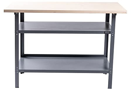 GERMANIA Werkbank mit Holzplatte - 120 x 60 x 85 cm - 2 Einlegeböden - Metallgestell - Tragekapazität bis zu 300kg - Werktisch, Werkstatttisch, Sägetisch, Arbeitstisch