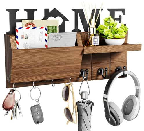 HapiRm Schlüsselhalter mit HOME Dekoration, Schlüsselbrett Holz mit 7 Schlüsselhaken, Schlüsselbrett mit Ablage Geeignet für Eingangsbereich, Haustür, Flur, Schlafzimmer, Büro, Braun
