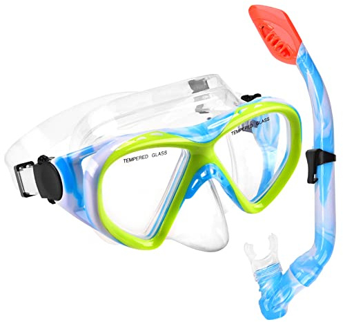 WOVOKA Taucherbrille Kinder mit Schnorchel, Schnorchelset Kinder mit Anti-Leck Anti-Fog Tauchmasken und Trocken Schnorchel für Junge und Mädchen,Tauchset für Kinder, 3 Farben zur Auswahl