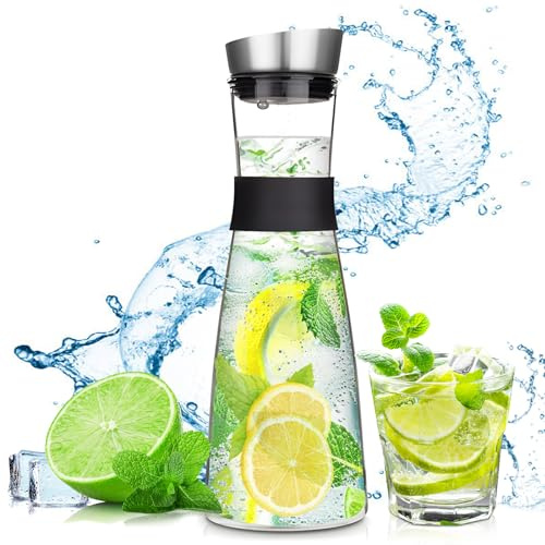 FAMKEEP Glas Karaffe,1200 ML Karaffe mit Deckel aus Edelstahl,Wasserkaraffe,Saft Krug,Glaskaraffe Benutzt für Eistee Heißes Kaltes Wasser Milch Kaffee Wein