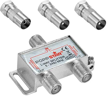 Poppstar Sat-Verteiler Antennenverteiler Splitter Umschalter 2-Fach inkl. IEC Stecker (analog/digital/BK/unicable/HD/4K tauglich) für TV,Antenne,Satellit,Kabel,Fernseher,Radio,LNB