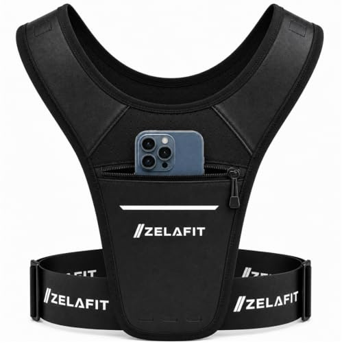 ZelaFit® Laufweste für Damen und Herren, Einheitsgröße, verstellbar, leichte Laufweste mit Reflektoren, wasserdichter Handytasche, Schlüsselhalter, kompakte Alternative zum Laufrucksack (Schwarz)