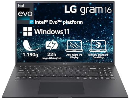 LG 2023 gram 16 Zoll Notebook - 1,190g Intel Core i7 Prozessor (16GB LPDDR4x RAM, 512GB SSD, 80h Akkulaufzeit, Intel Iris Xe Graphics, Win 11 Home) - Schwarz