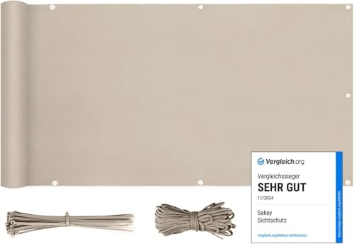 Sekey Balkon Sichtschutz Balkonabdeckung Balkonverkleidung blickdichte Wind- und UV-Schutz, 100% Privatsphäre, mit Ösen, Nylon Kabelbinder und Kordel, 90 x500cm Taupe