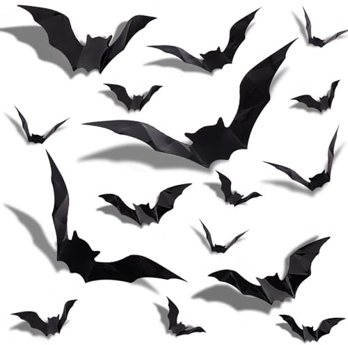 GoldRock 4 Größen 3D Fledermaus Deko Halloween Sticker, 32 Stück Halloween Deko Fledermäuse Wandaufkleber,Fledermaus Aufkleber Schwarz,Gothic Fensterbilder Helloween Dekorationen für Wand,Fenster,Tür