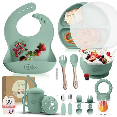 O'doe 17-teilig Baby LED-Entwöhnungszubehör für Kleinkinder, Babyfütterungsset | Saugnapf-Silikon-Babyschale, selbstverzehrende Utensilien mit Löffeln, Tassen, Lätzchen, Essteller-Set mit | Grün, V2