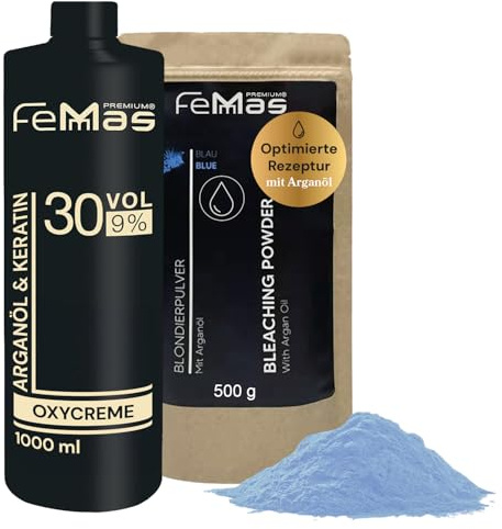 FemMas Blondier-Set: Blondierpulver mit Arganöl 500g & Entwickler 9 Prozent 1L I Perfektes Starterset für die Aufhellung zuhause I Für eine Blondierung um bis zu 7 Tonstufen in Salon-Qualität