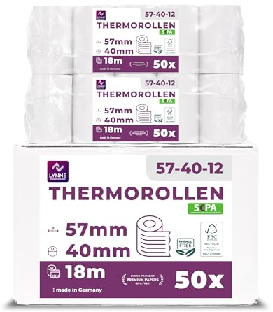 Ec-Cash Thermorollen 57mm x 18m x 12mm | Kassenrollen | Thermopapier | Bonrollen für Bankomat | Kredit-Kartenlesegeräte (57x40x12) mit SEPA-Lastschrifttext (50 Rollen)