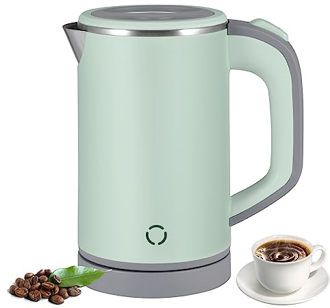 Reise Wasserkocher Edelstahl Klein, 0.8L 5 Minuten Schnelles Kochen Elektrischer Wasserkocher, 600W Mini Camping Kettle Schwarz, Leise, Teekanne aus Edelstahl für Tee Kaffee Babymilch (Grün)