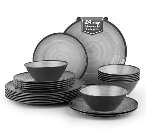 La Joventino Melamin Geschirrset für 8 Personen, 24pcs Camping Teller Set | partygeschirr mehrweg,NICHT mikrowellengeeignet,kunststoffteller spülmaschinenfest,geschirr bruchsicher,wohnwagen,Outdoor