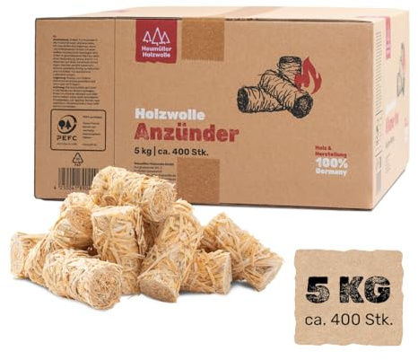 Heumüller Holzwolle 5 kg (ca. 400 Stück) Holzwolle-Anzünder Kaminanzünder | Öko-Anzünder aus Holzwolle & Wachs | Lange Brenndauer & geruchsneutral | Ideal für Kamin, Grill & Feuerstellen