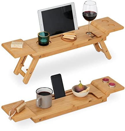 Relaxdays Badewannenablage Bambus, 70cm breit, Badetablett für Glas, Natur | Handy, Tablet, Badewannenbrett zum Einhängen