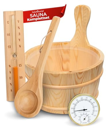 holz4home® Sauna Eimer Set I Hochwertiges Saunazubehör Eimer mit Kelle Sanduhr Thermometer Hygrometer I Hitzebeständiges Sauna Set aus Holz I Komplettset Fasssauna Saunakübel mit Einsatz