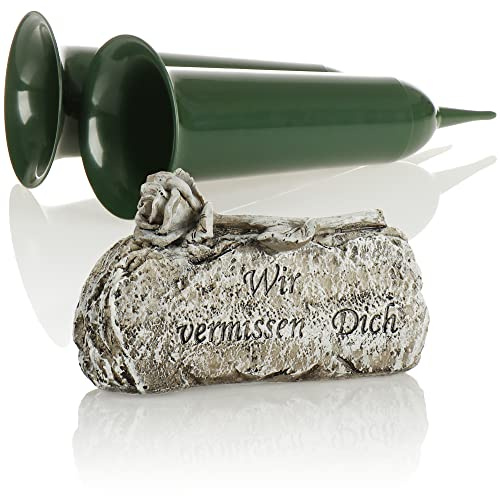 com-four® 3-teiliges Set Grab-Deko, Gedenkstein Wir vermissen Dich | Friedhofsvase mit Erdspieß - Trauerstein mit Rose