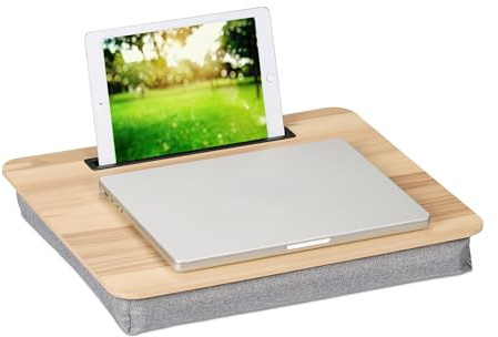Relaxdays Laptopkissen mit Handyhalter, BxT: 46 x 35 cm, Laptopunterlage für Bett & Sofa, Laptop Knietablett, Natur/grau