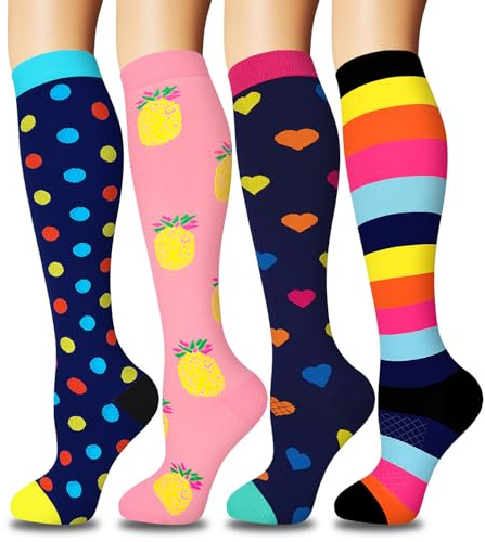Kompressionsstrümpfe Damen und Herren 4 Paar, Bunte Stützstrümpfe Kompressionssocken Lang Stützkniestrümpfe Kompressionsstrümpfe Klasse 1 Laufsocken Kniestrümpfe Flugzeug Gadgets（4104 - Rosa，S-M）