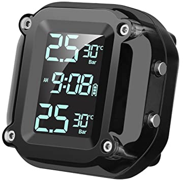Shkalacar Reifendruck-Kontrollsystem Motorrad TPMS, Drahtloses USB-Lade-TPMS für Motorräder mit 2 externen Sensoren Digitales LCD-Display Zweirädriges
