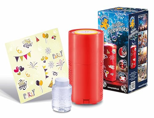PUSTEFIX Elektrische Seifenblasenmaschine Feuerwerk & 80ml Flüssigkeit - Mit LED-Licht, Seifenblasen Kinder-Set Indoor/Outdoor für Geburtstag, Silvester & Hochzeit