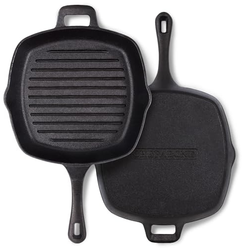 Chefarone Gusseisen Grillpfanne 25,5 cm – Bratpfanne & Servierpfanne emailliert mit Ausgießnasen – Steakpfanne für Kochliebhaber, geeignet für Induktion, Gas, Ceran & Backofen
