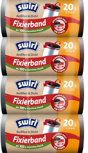 Swirl Reißfest & Dicht Fixierband Müllbeutel 20 l (4 x 15 Beutel), tropfsichere Müllsäcke für den Hausmüll, reißfeste Mülltüten für sicheren Halt am Mülleimer