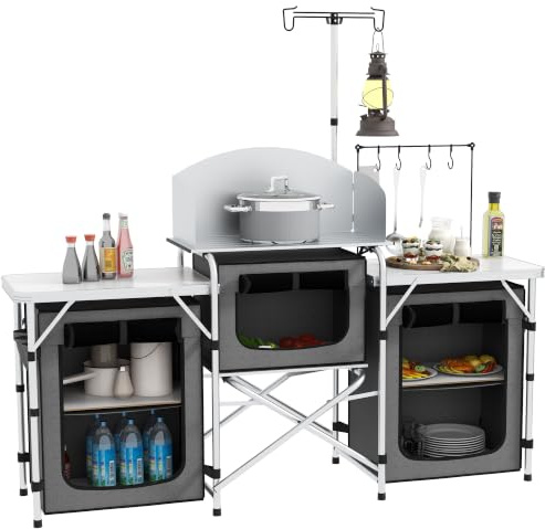Outsunny Camping Küche Campingschrank faltbar mit Aluminiumgestell | Lichtständer, Staufächer, Arbeitsplatte, Windschutz, Campingküche, Reiseküche, Outdoor Küchenschrank für Camping Reisen