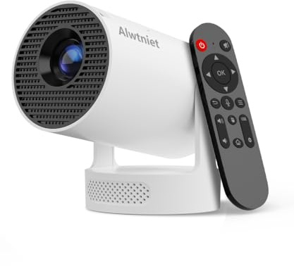 Alwtniet Mini Projektor, Mini Beamer 4K Unterstützt, Wi-Fi 6 und Bluetooth 5.4, 5W Lautsprecher, Automatischer Trapezkorrektur, 180° drehbar, tragbarer Projektor für Zuhause und draußen Android