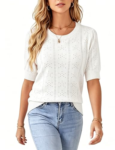 Timuspo Kurzarmpullover Damen Puffärmel Elegant Shirt Kurzarm Pullover Oberteile mit Rundhals Ausgehöhlte Lässige Casual Bluse
