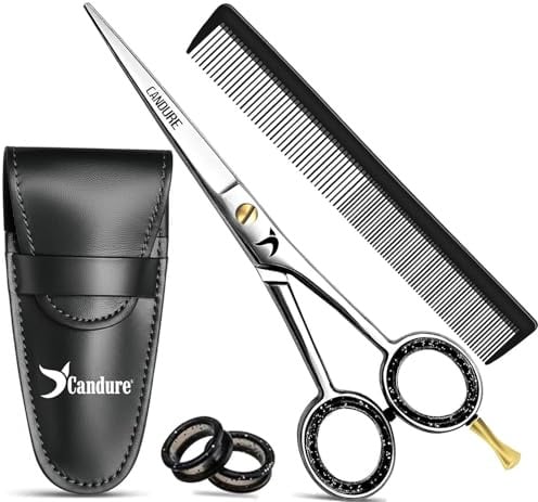 Candure Friseurschere 6,5 Zoll Professionelle Haarschneideschere mit Kamm & Lederetui für Friseure, Barbier, Männer, Frauen & Kinder - Edelstahl Haarschere für Salon & Zuhause