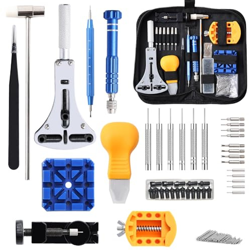 BASVII Uhrmacherwerkzeug Set-155 Stück, Uhr Batteriewechsel Werkzeug, Uhrenwerkzeug Stiftausdrücker für Uhrarmband, mit Uhrenöffner Gehäusebodenöffner, Federstegwerkzeug, Uhren Schraubendreher