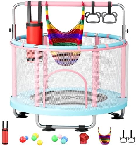 FitinOne 140cm Kindertrampolin, Indoor und Outdoor-Spielzeug mit Schaukel, bis 200 kg belastbar, Trampolin für Kinder mit Turnstange – Geburtstagsgeschenk für Jungen und Mädchen von 6 bis 12 Jahren