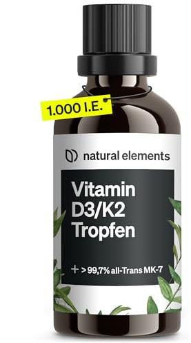 natural elements Vitamin D3 + K2 Tropfen 50ml - Premium: 99,7+% All-Trans (K2VITAL® von Kappa) + hoch bioverfügbares Vitamin D3 - Laborgeprüft, hochdosiert, flüssig und in Deutschland produziert