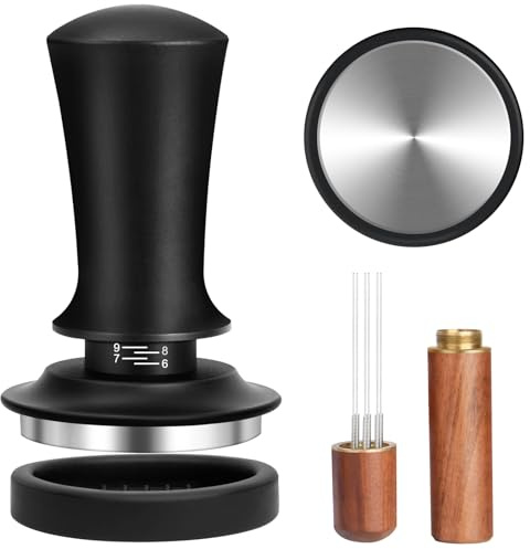 Lnopever Kaffee Tamper Set 51mm,Kaffee Espresso Tamper,Kaffeerührer Werkzeug Espresso,Verteilerwerkzeug mit 6 feinen Nadeln,Walnuss Holzgriff,Espresso siebträger Maschine zubehör,Silber