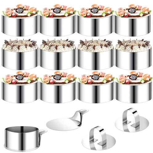 VINATO Set aus 12 Dessertringen inklusive 2 Deckeln und 2 Böden, Edelstahl-Servierring mit 8 cm Durchmesser, runde Mousse-Ringe geeignet für Kekse, Donuts und Kuchenbackformen
