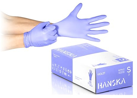 HANSKA 100 violette Nitril-Einweghandschuhe – puderfrei – Einweg – beidhändig – nicht steril – Gummibasis – geeignet für medizinische Bereiche, Handhabung von Lebensmitteln (100, S)