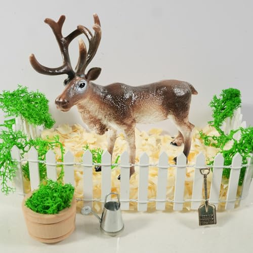 Wichtel Zubehör Rentier, 7 Stück Rentier Figur mit Miniatur Holzzaun, Kunstmoos, Sägemehl und Zuführwerkzeuge, Wichtel Rentier für Puppenhaus Wichteltür Deko, Wichtelzubehör für Weihnachten Deko