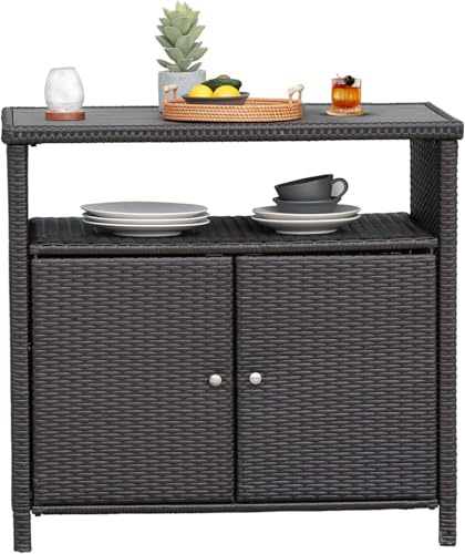 Grand patio Gartenschrank, Küchenschrank Rattan, Terrassenschrank, 90x 85 x 50 cm, mit Doppeltüren, Gartenschrank Rattan für Garten, Terrasse, Wohnzimmer, Kaffeebraun