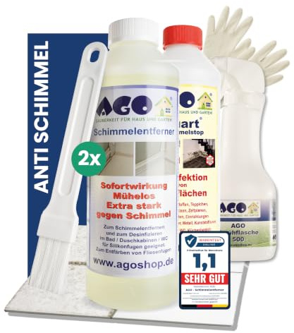 AGO Set 5-teilig mit 2x Schimmelentferner & 1x Schimmelstop je 500ml/ hochkonzentriertes Anti Schimmel Mittel mit Pinsel & Sprühflasche – stärker als herkömmliche Schimmel Entferner