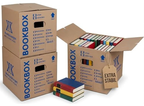 KK Verpackungen Bücherkartons | 25 Stück, 405 x 330 x 353 mm | 2-wellig, Tragkraft 50 kg | Fadenverstärkte Griffe, Schmetterlingsboden | Umzugskarton für Bücher, Aktenordner, Geschirr