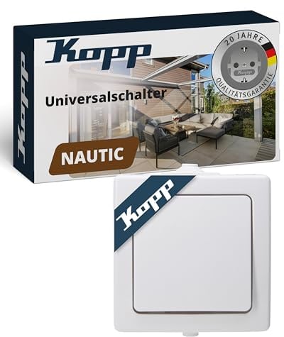 Kopp NAUTIC Universalschalter in Arktis-Weiß - 1-fach Lichtschalter-Aufputz mit 10AX Schaltvermögen - Sicherer IP44 Feuchtraum-Schalter-Aufputz - Hochwertiger Aus-Wechselschalter 250V~