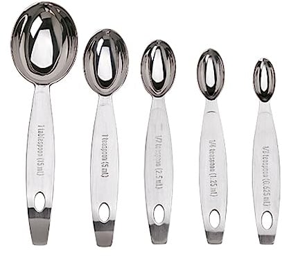 Cuisipro Messlöffel-Set 5-tlg., 18/8-Edelstahl, ovales Design | spülmaschinenfest, leicht abzustreichen, mit Aufbewahrungsclip, für Gewürzgläser geeignet, standfeste Griffe