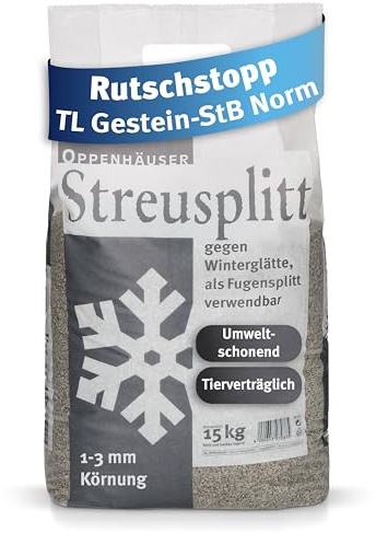 OPPENHÄUSER Diabas Streusplitt 15kg 1-3mm Körnung: sofort rutschhemmend, umweltschonendes Streugranulat für sichere Gehwege & Treppen, Pflastersplitt, TL Gestein-StB Norm, Premium Qualität