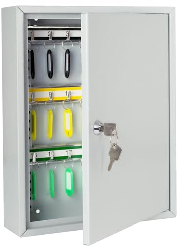 HMF Schlüsselschrank aus Stahl, abschließbarer Schlüsselkasten für Büro, Verwaltung oder Fuhrpark | 42 Schlüsselhaken | 35 x 27 x 8 cm | Lichtgrau