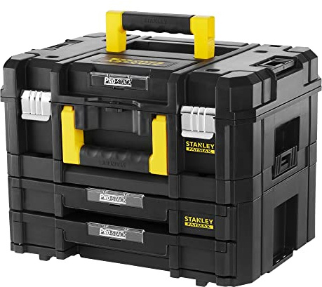 STANLEY FatMax Pro-Stack Werkzeugkoffer Werkzeugbox leer Werkzeugkasten - Werkzeugkiste (21,5L Fassungsvermögen, mit 2 Schubladen und Organizern für Kleinteile, mit Metallschließen) FMST1-71981