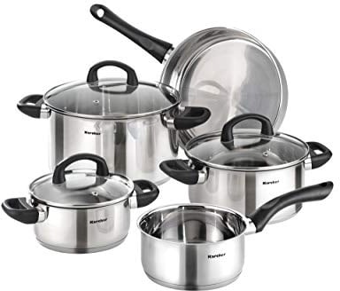 Karcher Topfset Mia aus Edelstahl, Kochgeschirr Induktion-Kochtopf-Set, Töpfe mit Glasdeckel / Pfanne / Stielkasserolle, 5-teilig