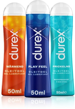 Durex Play Gleitgel Mixpack – 3er Set Wasserbasiertes Intimgel für sie & ihn | Kondom- & Toy-geeignet | Intensiv, Wärmend & Aloe Vera Massage-Gel | Diskret, Hautfreundlich, Leicht Abwaschbar