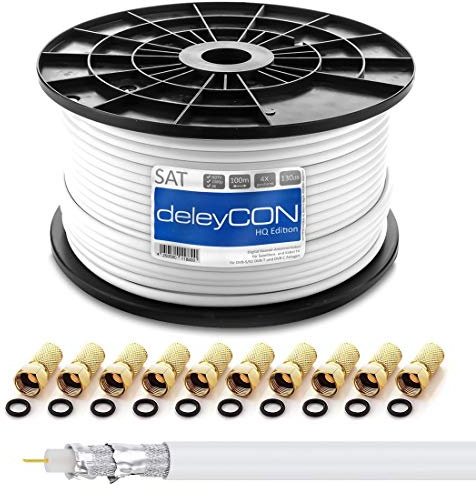 deleyCON HQ 100m SAT Koaxial Kabel 130dB - 4-fach geschirmt für DVB-S - S2 DVB-T und DVB-C - Stahl/Kupfer Innenleiter - 4K 1080p FULL HD HDTV - inkl. 10x vergoldete F-Stecker