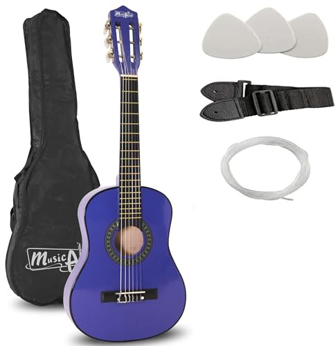 Music Alley MA-52 30 Zoll Junior Klassikgitarre für Kinder, Akustikgitarre mit Nylonsaiten, Tragetasche und Online-Unterricht, Blau