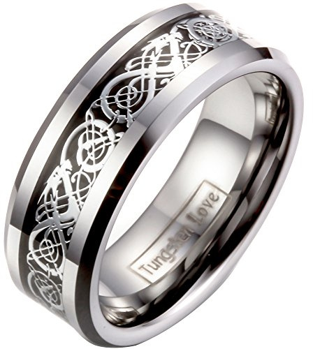 JewelryWe Schmuck Herren Wolframcarbid Ring Band Silber Schwarz Irish Celtic Knot Irischen Keltisch Knoten Drachen Jahrgang Hochzeit Größe 76