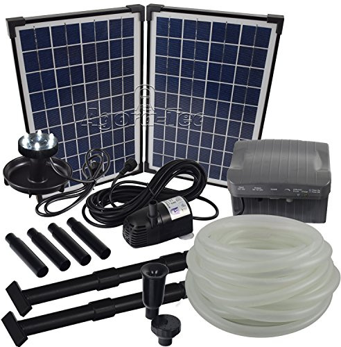 Agora-Tec® AT-Solar Bachlaufpumpen - Set 20W-BLH mit Akku und 6- Fach LED Ring inklusive 9 Meter Bachlaufschlauch und LED Halterung, Hmax.: 1350l/h Förderhöhe: 3,05 m bei Verwendung eines Schlauches